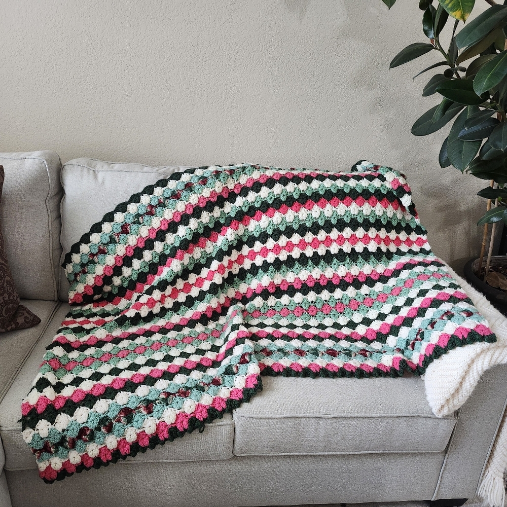 Vintage Handmade Colorful Stripe Knitted Afghan Throw Blanket